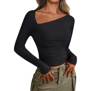 imageTrendy Queen Womens Asymmetrical Long Sleeve Going Out Tops One Shourlder Slim Fit Shirts Y2k Outfits Clothes 2025Black