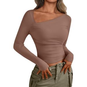 imageTrendy Queen Womens Asymmetrical Long Sleeve Going Out Tops One Shourlder Slim Fit Shirts Y2k Outfits Clothes 2025Coffee