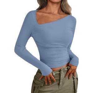 imageTrendy Queen Womens Asymmetrical Long Sleeve Going Out Tops One Shourlder Slim Fit Shirts Y2k Outfits Clothes 2025Grey Blue