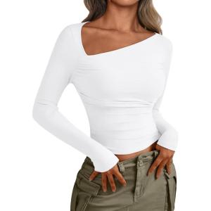 imageTrendy Queen Womens Asymmetrical Long Sleeve Going Out Tops One Shourlder Slim Fit Shirts Y2k Outfits Clothes 2025White