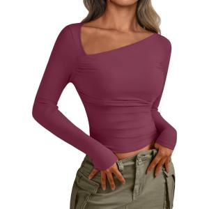 imageTrendy Queen Womens Asymmetrical Long Sleeve Going Out Tops One Shourlder Slim Fit Shirts Y2k Outfits Clothes 2025Wine Red