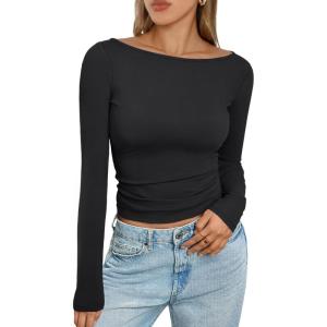 imageTrendy Queen Womens Boat Neck Tops Long Sleeve Shirts Casual Fitted Tee Shirts Solid Color Fall Basic ClothesBlack