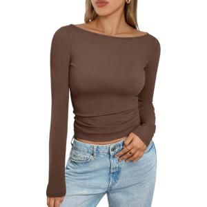 imageTrendy Queen Womens Boat Neck Tops Long Sleeve Shirts Casual Fitted Tee Shirts Solid Color Fall Basic ClothesBrown
