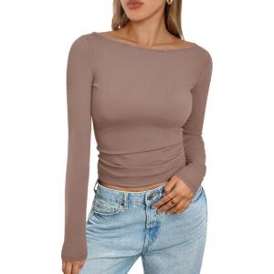 imageTrendy Queen Womens Boat Neck Tops Long Sleeve Shirts Casual Fitted Tee Shirts Solid Color Fall Basic ClothesCoffeegray