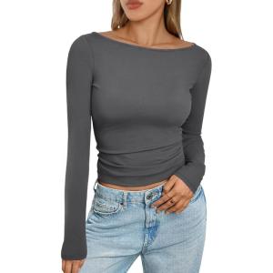 imageTrendy Queen Womens Boat Neck Tops Long Sleeve Shirts Casual Fitted Tee Shirts Solid Color Fall Basic ClothesGray