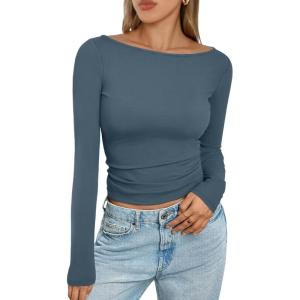 imageTrendy Queen Womens Boat Neck Tops Long Sleeve Shirts Casual Fitted Tee Shirts Solid Color Fall Basic ClothesHazeblue