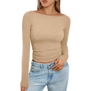 imageTrendy Queen Womens Boat Neck Tops Long Sleeve Shirts Casual Fitted Tee Shirts Solid Color Fall Basic ClothesKhaki