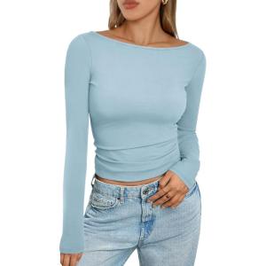 imageTrendy Queen Womens Boat Neck Tops Long Sleeve Shirts Casual Fitted Tee Shirts Solid Color Fall Basic ClothesLightblue