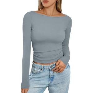 imageTrendy Queen Womens Boat Neck Tops Long Sleeve Shirts Casual Fitted Tee Shirts Solid Color Fall Basic ClothesLightgrey