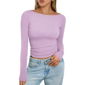 imageTrendy Queen Womens Boat Neck Tops Long Sleeve Shirts Casual Fitted Tee Shirts Solid Color Fall Basic ClothesLightpurple