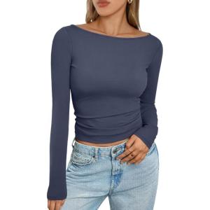 imageTrendy Queen Womens Boat Neck Tops Long Sleeve Shirts Casual Fitted Tee Shirts Solid Color Fall Basic ClothesNavyblue