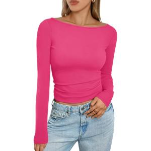 imageTrendy Queen Womens Boat Neck Tops Long Sleeve Shirts Casual Fitted Tee Shirts Solid Color Fall Basic ClothesNeonpink