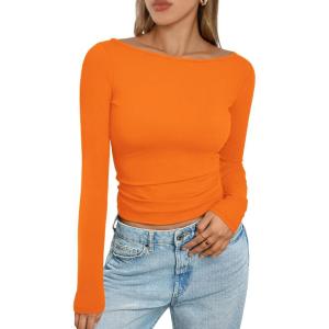 imageTrendy Queen Womens Boat Neck Tops Long Sleeve Shirts Casual Fitted Tee Shirts Solid Color Fall Basic ClothesOrange