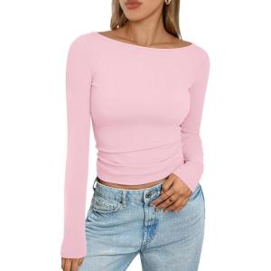 imageTrendy Queen Womens Boat Neck Tops Long Sleeve Shirts Casual Fitted Tee Shirts Solid Color Fall Basic ClothesPink
