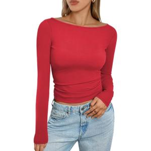 imageTrendy Queen Womens Boat Neck Tops Long Sleeve Shirts Casual Fitted Tee Shirts Solid Color Fall Basic ClothesRed