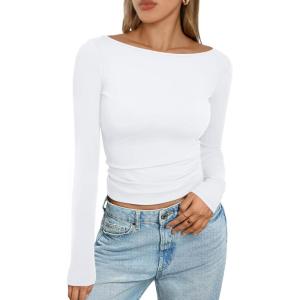 imageTrendy Queen Womens Boat Neck Tops Long Sleeve Shirts Casual Fitted Tee Shirts Solid Color Fall Basic ClothesWhite