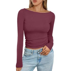 imageTrendy Queen Womens Boat Neck Tops Long Sleeve Shirts Casual Fitted Tee Shirts Solid Color Fall Basic ClothesWinered