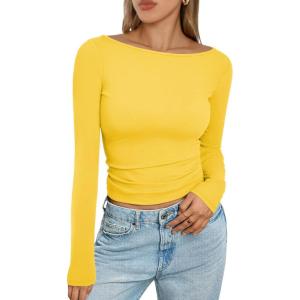 imageTrendy Queen Womens Boat Neck Tops Long Sleeve Shirts Casual Fitted Tee Shirts Solid Color Fall Basic ClothesYellow