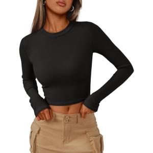 imageTrendy Queen Womens Long Sleeve Crop Tops Basic Ribbed Slim Fitted Shirts Casual Fall Fashion Y2k Teen Girl ClothesBlack