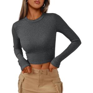 imageTrendy Queen Womens Long Sleeve Crop Tops Basic Ribbed Slim Fitted Shirts Casual Fall Fashion Y2k Teen Girl ClothesBlack Grey