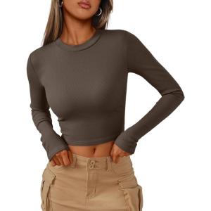 imageTrendy Queen Womens Long Sleeve Crop Tops Basic Ribbed Slim Fitted Shirts Casual Fall Fashion Y2k Teen Girl ClothesCoffee