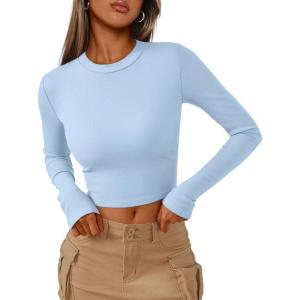 imageTrendy Queen Womens Long Sleeve Crop Tops Basic Ribbed Slim Fitted Shirts Casual Fall Fashion Y2k Teen Girl ClothesLight Blue