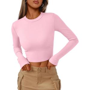 imageTrendy Queen Womens Long Sleeve Crop Tops Basic Ribbed Slim Fitted Shirts Casual Fall Fashion Y2k Teen Girl ClothesPink