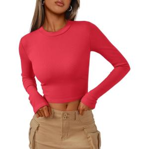 imageTrendy Queen Womens Long Sleeve Crop Tops Basic Ribbed Slim Fitted Shirts Casual Fall Fashion Y2k Teen Girl ClothesRed
