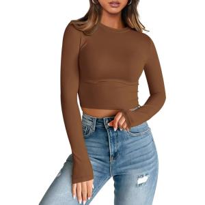 imageTrendy Queen Womens Long Sleeve Crop Tops Basic Slim Fitted Shirts Casual Fashion 2025 Going Out Y2k Tops Teen Girl ClothesBrown