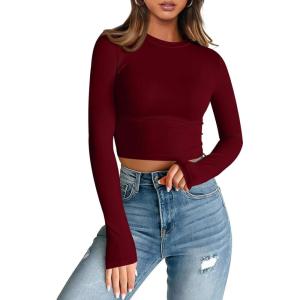 imageTrendy Queen Womens Long Sleeve Crop Tops Basic Slim Fitted Shirts Casual Fashion 2025 Going Out Y2k Tops Teen Girl ClothesBurgundy