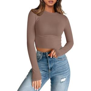 imageTrendy Queen Womens Long Sleeve Crop Tops Basic Slim Fitted Shirts Casual Fashion 2025 Going Out Y2k Tops Teen Girl ClothesCoffee Grey