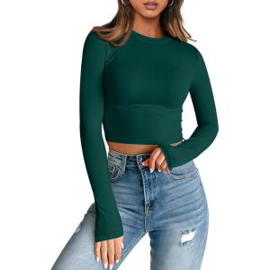 imageTrendy Queen Womens Long Sleeve Crop Tops Basic Slim Fitted Shirts Casual Fashion 2025 Going Out Y2k Tops Teen Girl ClothesDark Green