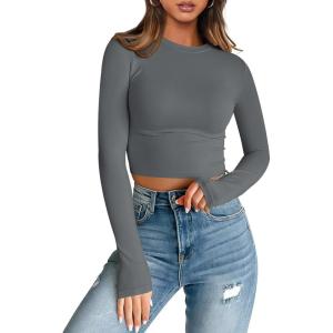 imageTrendy Queen Womens Long Sleeve Crop Tops Basic Slim Fitted Shirts Casual Fashion 2025 Going Out Y2k Tops Teen Girl ClothesGray
