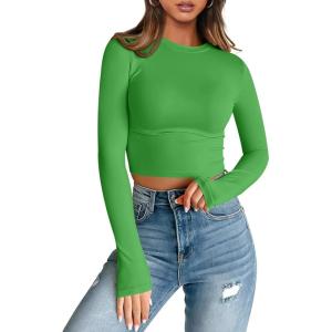 imageTrendy Queen Womens Long Sleeve Crop Tops Basic Slim Fitted Shirts Casual Fashion 2025 Going Out Y2k Tops Teen Girl ClothesGreen