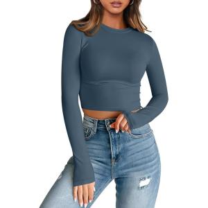 imageTrendy Queen Womens Long Sleeve Crop Tops Basic Slim Fitted Shirts Casual Fashion 2025 Going Out Y2k Tops Teen Girl ClothesHaze Blue