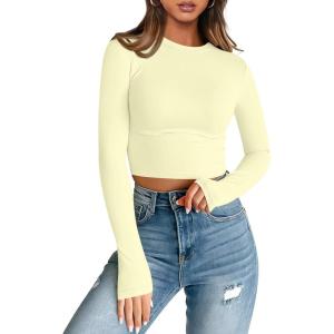 imageTrendy Queen Womens Long Sleeve Crop Tops Basic Slim Fitted Shirts Casual Fashion 2025 Going Out Y2k Tops Teen Girl ClothesLemon Yellow