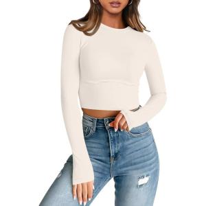 imageTrendy Queen Womens Long Sleeve Crop Tops Basic Slim Fitted Shirts Casual Fashion 2025 Going Out Y2k Tops Teen Girl ClothesLight Apricot
