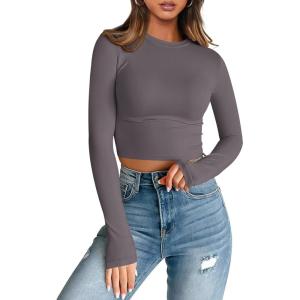 imageTrendy Queen Womens Long Sleeve Crop Tops Basic Slim Fitted Shirts Casual Fashion 2025 Going Out Y2k Tops Teen Girl ClothesLight Gray