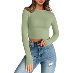 imageTrendy Queen Womens Long Sleeve Crop Tops Basic Slim Fitted Shirts Casual Fashion 2025 Going Out Y2k Tops Teen Girl ClothesLight Green