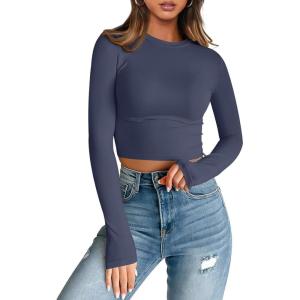 imageTrendy Queen Womens Long Sleeve Crop Tops Basic Slim Fitted Shirts Casual Fashion 2025 Going Out Y2k Tops Teen Girl ClothesNavy