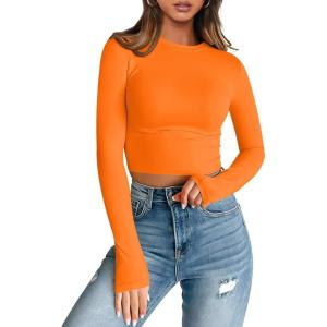 imageTrendy Queen Womens Long Sleeve Crop Tops Basic Slim Fitted Shirts Casual Fashion 2025 Going Out Y2k Tops Teen Girl ClothesOrange