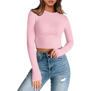 imageTrendy Queen Womens Long Sleeve Crop Tops Basic Slim Fitted Shirts Casual Fashion 2025 Going Out Y2k Tops Teen Girl ClothesPink