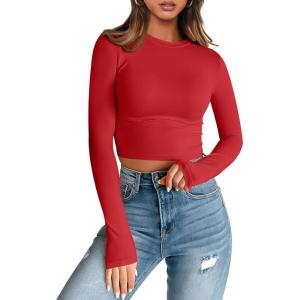 imageTrendy Queen Womens Long Sleeve Crop Tops Basic Slim Fitted Shirts Casual Fashion 2025 Going Out Y2k Tops Teen Girl ClothesRed