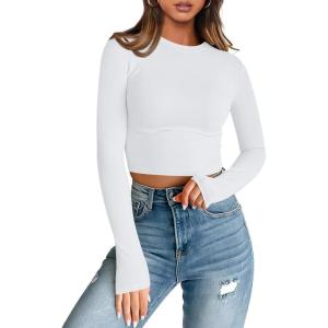 imageTrendy Queen Womens Long Sleeve Crop Tops Basic Slim Fitted Shirts Casual Fashion 2025 Going Out Y2k Tops Teen Girl ClothesWhite