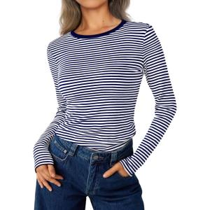 imageTrendy Queen Womens Long Sleeve Striped TShirts Crewneck Neck Tops Slim Fit Fall Fashion Trendy Outfits Clothes 2025Sebluewhite