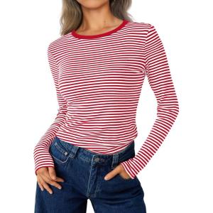 imageTrendy Queen Womens Long Sleeve Striped TShirts Crewneck Neck Tops Slim Fit Fall Fashion Trendy Outfits Clothes 2025Seredwhite