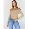 imageTrendy Queen Women Long Sleeve Shirts Off Shoulder Tops Going Out Crop Sexy Slim Fitted Y2K Fall Outfits 2025 Fashion ClothesApricot