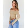 imageTrendy Queen Women Long Sleeve Shirts Off Shoulder Tops Going Out Crop Sexy Slim Fitted Y2K Fall Outfits 2025 Fashion ClothesApricot