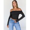 imageTrendy Queen Women Long Sleeve Shirts Off Shoulder Tops Going Out Crop Sexy Slim Fitted Y2K Fall Outfits 2025 Fashion ClothesBlack