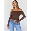 imageTrendy Queen Women Long Sleeve Shirts Off Shoulder Tops Going Out Crop Sexy Slim Fitted Y2K Fall Outfits 2025 Fashion ClothesCoffee